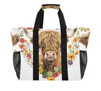 ISAOA Highland Cow with Love Flower Beach Bags for Women Large Waterproof Beach Tote Bag Travel Pool Yoga Nurse Shopping Bag
