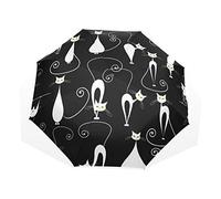 ISAOA Ombrello da viaggio automatico, ombrello pieghevole con gatto bianco, antivento, ultra leggero, protezione UV, manico compatto per un facile trasporto, per donne e uomini, bianco, nero., M