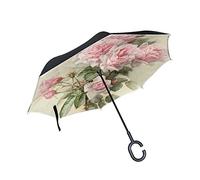 ISAOA Ombrello Grande Invertito Antivento a Doppio Strato per Auto e Uso Esterno - Pieghevole Con Manico a C Autoportante - Rose Rosa in Fioritura