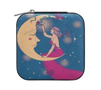 ISAOA Piccolo portagioie in pelle, da viaggio, portatile, per gioielli, gioielli, bel poster in stile Art Nouveau con donna e luna nel cielo stellato, per ragazze, anelli, orecchini, collane