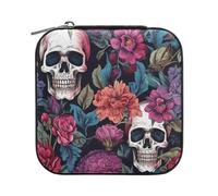ISAOA Piccolo portagioie in pelle da viaggio, portatile, scatola per gioielli, con testa di teschio arancione e fiore rosa per ragazze, anelli, orecchini, collane