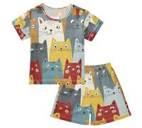 ISAOA Pigiama corto per bambini, set da 2 pezzi, pigiama con belle teste di gatto, per bambini 5-14 anni, Multi, 5 anni