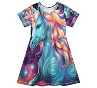 ISAOA Vestito estivo da bambina, a maniche corte, 2-8 anni, capelli arancioni, unicorno, blu, Multi, 7-8 Anni
