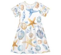 ISAOA Vestito estivo da bambina, a maniche corte, 2-8 anni, con conchiglie e stelle marine, Multi, 7-8 Anni