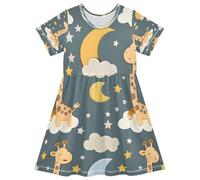 ISAOA Vestito estivo da bambina, a maniche corte, 2-8 anni, con giraffa, luna, sole, Multi, 7-8 Anni