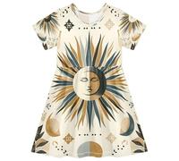 ISAOA Vestito estivo da bambina, a maniche corte, 2-8 anni, con graffiti, sole e luna, Multi, 5-6 Anni