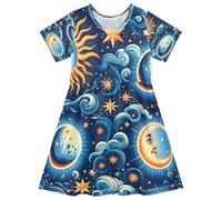 ISAOA Vestito estivo da bambina, a maniche corte, 2-8 anni, con motivo graffiti e sole e luna, Multi, 7-8 Anni