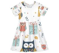 ISAOA Vestito estivo da bambina, a maniche corte, 2-8 anni, con simpatici gufi e scatole regalo, Multi, 7-8 Anni