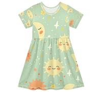 ISAOA Vestito estivo da bambina, a maniche corte, 2-8 anni, con sole e luna, Multi, 3 anni