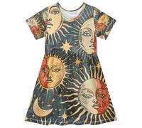 ISAOA Vestito estivo da bambina, a maniche corte, 2-8 anni, con sole e luna rossa, Multi, 4 anni