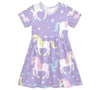 ISAOA Vestito estivo da bambina, a maniche corte, 2-8 anni, con unicorno, bianco e rosa, Multi, 7-8 Anni