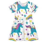 ISAOA Vestito estivo da bambina, a maniche corte, 2-8 anni, con unicorno blu e arcobaleno, Multi, 4 anni
