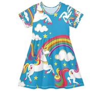 ISAOA Vestito estivo da bambina, a maniche corte, 2-8 anni, con unicorno e arcobaleno, Multi, 5-6 Anni