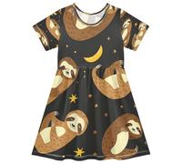 ISAOA Vestito estivo da bambina, a maniche corte, 2-8 anni, motivo: luna, stella, bradipo, Multi, 5-6 Anni