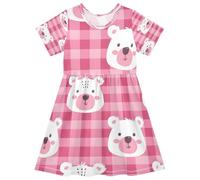 ISAOA Vestito estivo da bambina, a maniche corte, 2-8 anni, rosa a scacchi con la faccia di un orso, Multi, 7-8 Anni