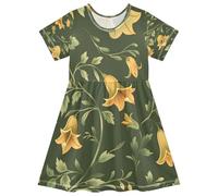 ISAOA Vestito estivo da bambina, a maniche corte, 2-8 anni, verde fogliame, fiore giallo, Multi, 4 anni