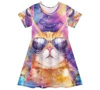 ISAOA Vestito estivo da bambina, a maniche corte, con occhiali da gatto, Multi, 7-8 Anni