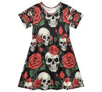ISAOA Vestito estivo da bambina, a maniche corte, con scheletro di rose rosse, 2-8 anni, Multi, 2 anni