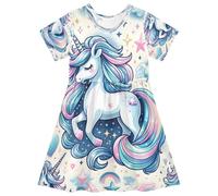 ISAOA Vestito estivo da bambina, a maniche corte, per bambine, 2-8 anni, con capelli arcobaleno e unicorno, Multi, 7-8 Anni