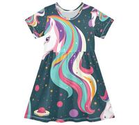 ISAOA Vestito estivo da bambina a maniche corte per bambini, 2-8 anni, con unicorni e cosmo, Multi, 4 anni