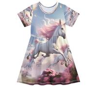 ISAOA Vestito estivo da bambina a maniche corte per bambini, 2-8 anni, con unicorno da corsa, Multi, 5-6 Anni