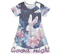 ISAOA Vestito estivo da bambina a maniche corte per bambini 2-8T adorabile coniglio circondato dalla luna, Multi, 5-6 Anni