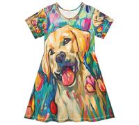 ISAOA Vestito estivo da bambina a maniche corte per bambini 2-8T adorabile e felice cane labrador dorato chiaro, Multi, 7-8 Anni
