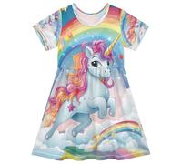 ISAOA Vestito estivo da bambina a maniche corte per bambini 2-8T arcobaleno bianco unicorno, Multi, 7-8 Anni