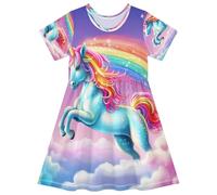 ISAOA Vestito estivo da bambina a maniche corte per bambini 2-8T arcobaleno blu unicorno, Multi, 4 anni
