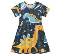 ISAOA Vestito estivo da bambina a maniche corte per bambini 2-8T carino dinosauri nello spazio, Multi, 7-8 Anni