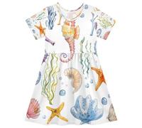 ISAOA Vestito estivo da bambina a maniche corte per bambini 2-8T cavallucci marini granchi stelle marine, Multi, 2 anni
