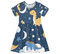 ISAOA Vestito estivo da bambina a maniche corte per bambini 2-8T dinosauro nello spazio, Multi, 5-6 Anni