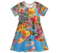 ISAOA Vestito estivo da bambina a maniche corte per bambini 2-8T fiore nel cielo blu, Multi, 4 anni