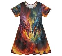 ISAOA Vestito estivo da bambina a maniche corte per bambini 2-8T Fire Dragan Couple, Multi, 5-6 Anni