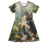 ISAOA Vestito estivo da bambina a maniche corte per bambini 2-8T Garden Cat Butterfly, Multi, 3 anni