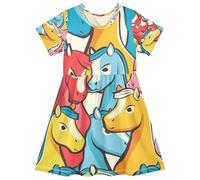 ISAOA Vestito estivo da bambina a maniche corte per bambini 2-8T giallo blu rosa cavallo, Multi, 7-8 Anni