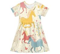 ISAOA Vestito estivo da bambina a maniche corte per bambini 2-8T giallo blu unicorno, Multi, 5-6 Anni
