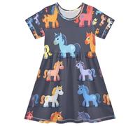 ISAOA Vestito estivo da bambina a maniche corte per bambini 2-8T rosa blu giallo cavallo, Multi, 3 anni