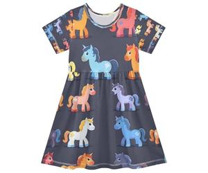 ISAOA Vestito estivo da bambina a maniche corte per bambini 2-8T rosa blu giallo cavallo, Multi, 4 anni