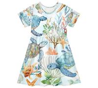 ISAOA Vestito estivo da bambina a maniche corte per bambini 2-8T tartarughe marine, Multi, 7-8 Anni