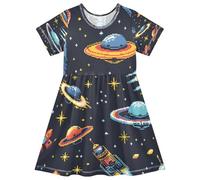 ISAOA Vestito estivo da bambina a maniche corte per bambini 2-8T UFO alieni e astronavi, Multi, 7-8 Anni