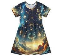 ISAOA Vestito estivo da bambina a maniche corte per bambini 2-8T Zodiac Stars in Night Sky, Multi, 4 anni
