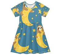 ISAOA Vestito estivo da bambina a maniche corte per bambini prendisole 2-8T Bradipo Luna Sfondo Blu, Multi, 4 anni