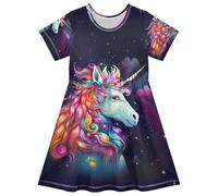 ISAOA Vestito estivo da bambina a maniche corte per bambini prendisole 2-8T capelli colorati unicorno, Multi, 7-8 Anni