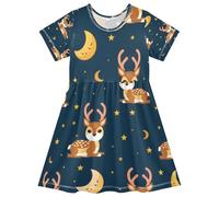 ISAOA Vestito estivo da bambina a maniche corte per bambini prendisole 2-8T cervo notte sfondo e luna stelle, Multi, 7-8 Anni