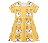 ISAOA Vestito estivo da bambina a maniche corte per bambini prendisole 2-8T Cute Shiba Game Texture, Multi, 5-6 Anni