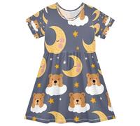 ISAOA Vestito estivo da bambina a maniche corte per bambini prendisole 2-8T orso luna notte, Multi, 5-6 Anni