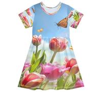 ISAOA Vestito estivo da bambina a maniche corte per bambini prendisole 2-8T primavera carta da parati con Tiulip, Multi, 7-8 Anni