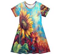 ISAOA Vestito estivo da bambina a maniche corte per bambini Sundress 2-8T pittura a olio girasole, Multi, 5-6 Anni