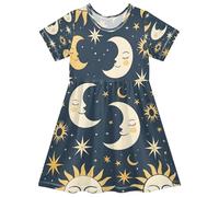 ISAOA Vestito estivo da bambina, a maniche corte, prendisole 2-8T, sole, luna e stella, Multi, 4 anni